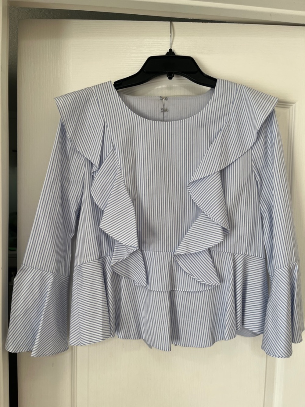 Bcbg Maxazria Striped Ruffle Peplum Blouse - Light Blue & White, L